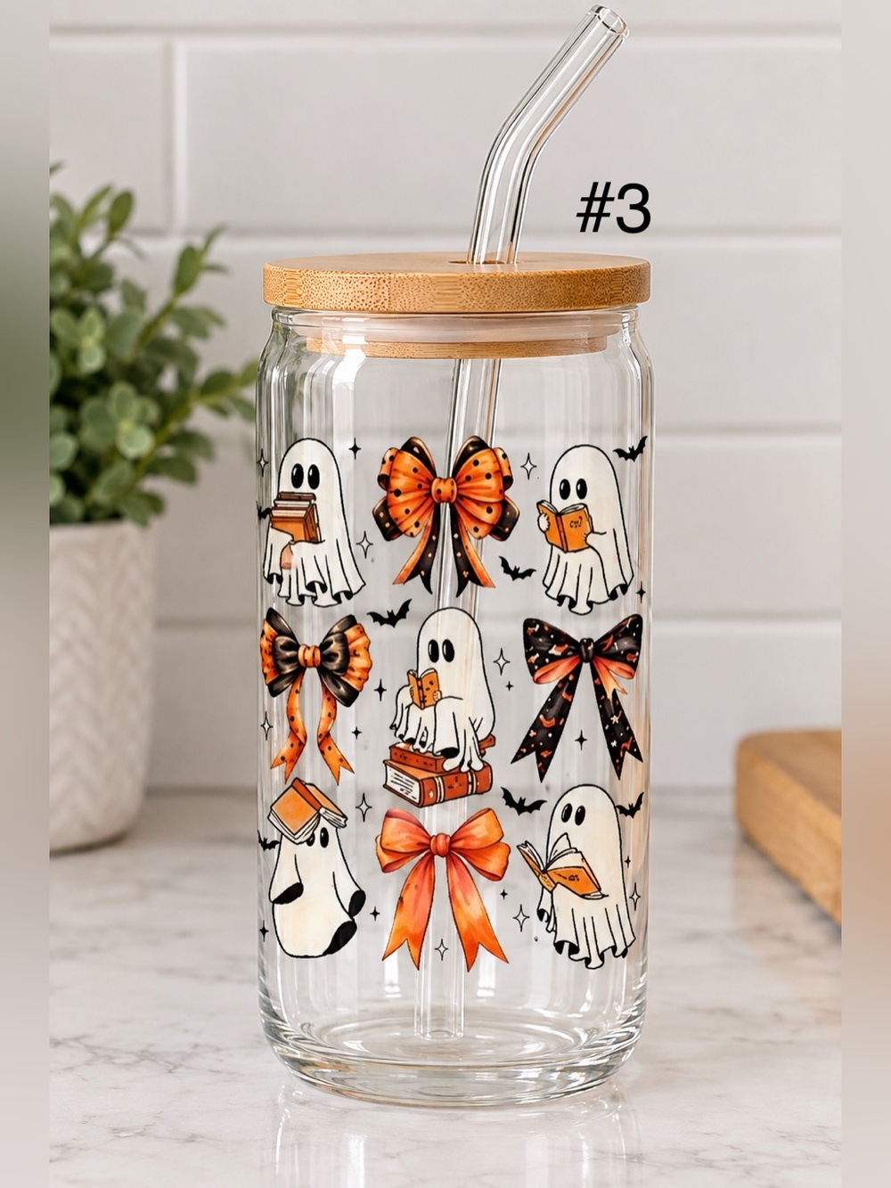 Buy now* 16 ounce glass tumbler with bamboo lid and straw - Picture 3 of 6